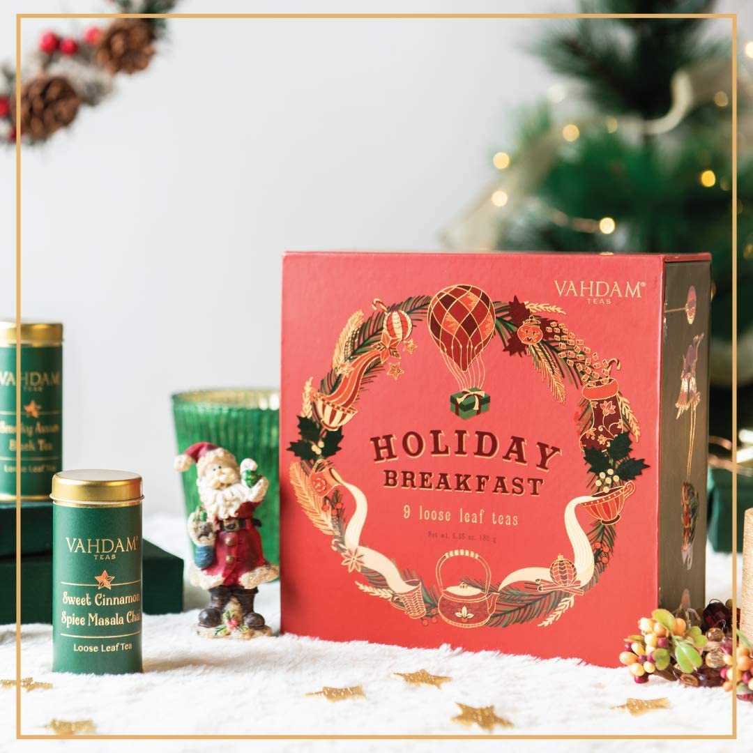 VAHDAM, Holiday Breakfast - Christmas Tea Gift Sets (90+ Cups) 9 Loose Leaf Teas - Luxury Gift Box | Christmas Gifts For Women, Men & Adults I Holiday Tea Gift Box