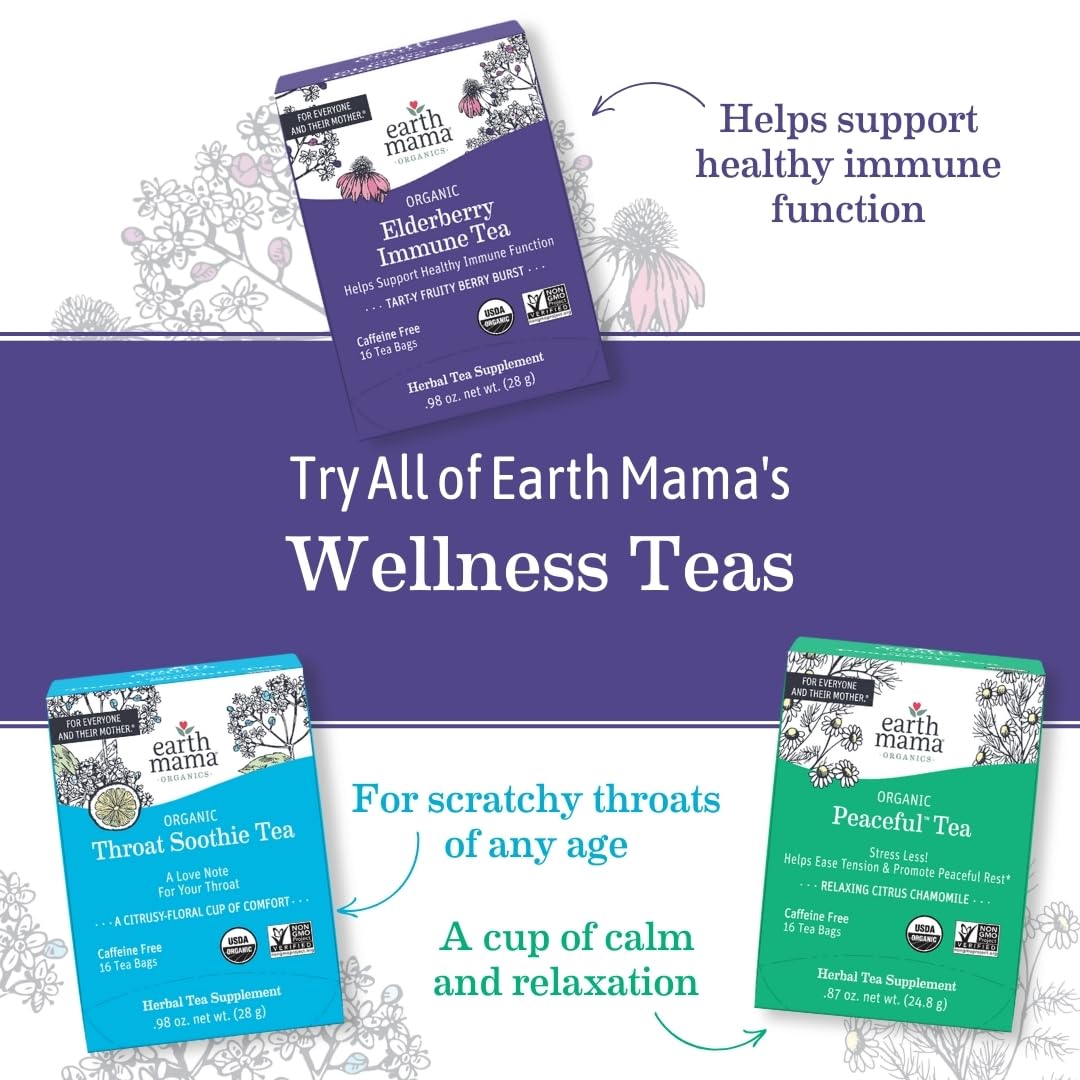 Earth Mama Organic Peaceful™ Tea | Stress Less! Calming, Relaxing Herbal Blend Safe for Pregnancy & Beyond, 16 Teabags Per Box (2-Pack)