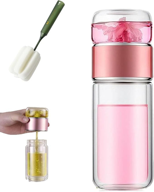 Glass Infuser, 3-in-1 smart Tea Infuser Double Wall Glass Teacup with infuser for Loose Tea, Portable Teas Steeper (Rose Gold, 12oz)