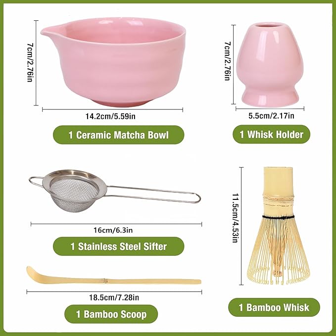 Matcha Whisk Set, Matcha Set with Matcha Bowl with Spout, Bamboo Whisk and Holder, Bamboo Scoop and Stainless Sifter