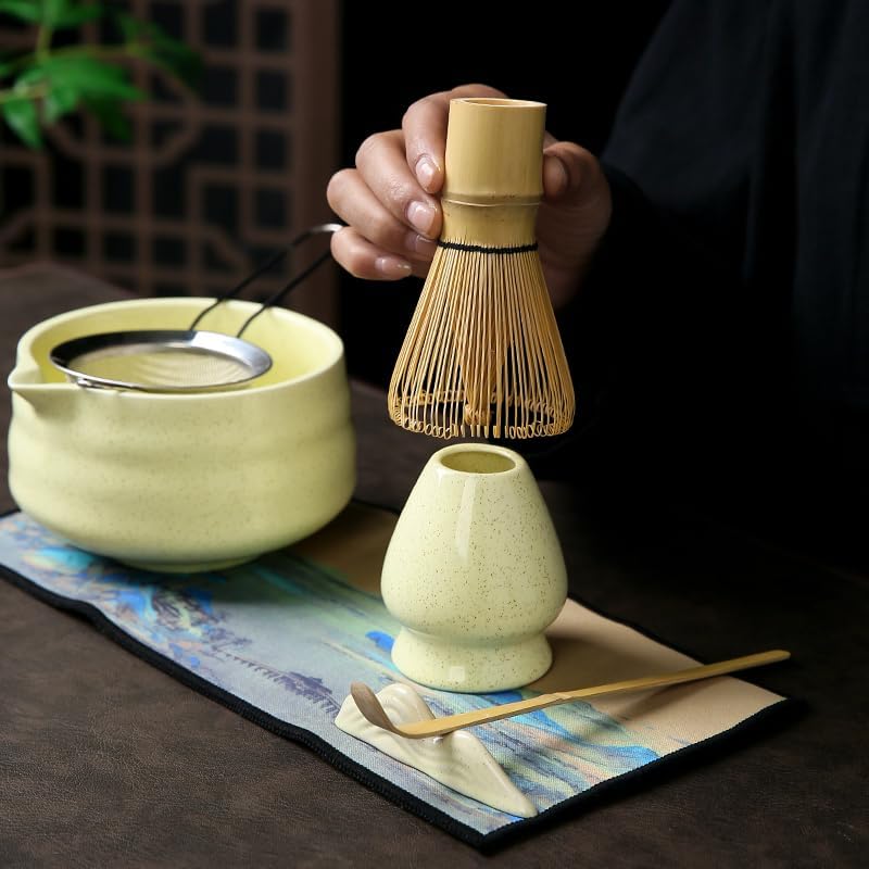 7 matcha whisk set 1 Matcha Whisk ，Matcha Bowl with Pouring Spout Scoop Matcha Whisk Holder Tea Making Kit. 1 matcha whisk set (7pcs), 15.2 Ounce (Yellow)