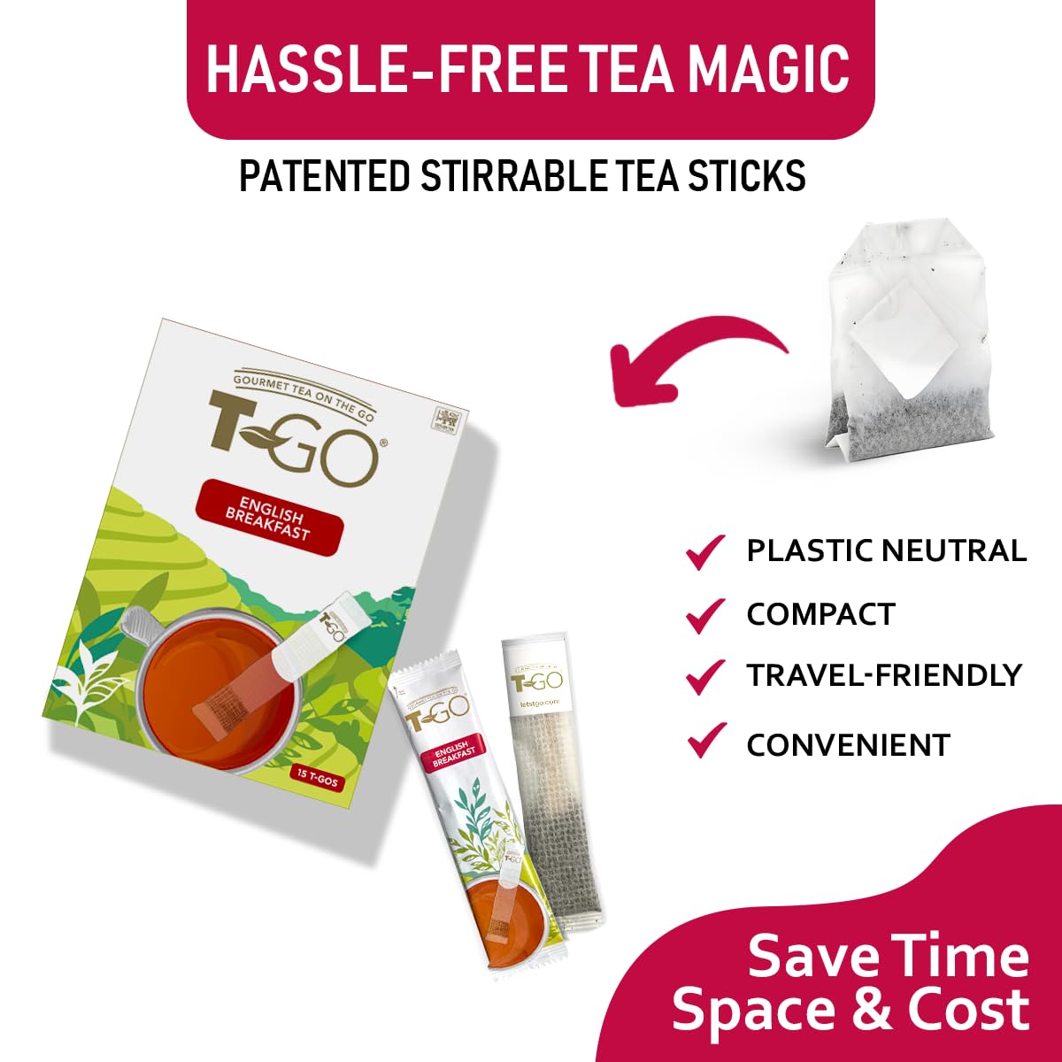 T-GO English Breakfast Tea Herbal Black Tea Bags Convenient Tea Sticks Caffeinated Stirring Spoon Ceylon Tea 15 Tea Sticks