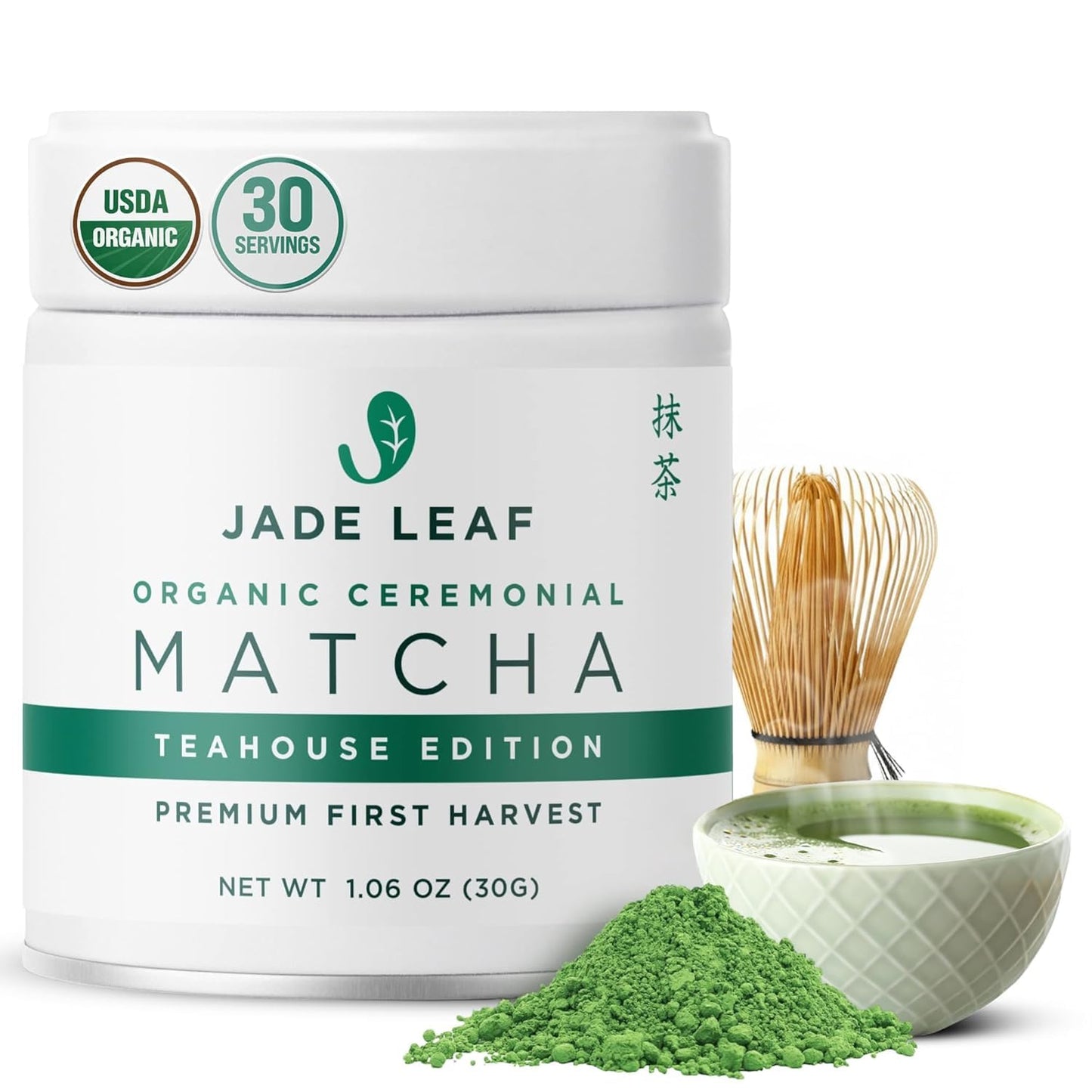 Jade Leaf Ceremonial Grade Matcha Powder, 30g / 1.06oz Tin | Teahouse Edition - Ideal for Matcha Lattes or Tea Ceremonies! - Authentic Japanese Matcha Green Tea Powder - USDA Organic