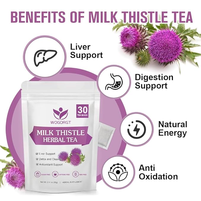 Wogorgt Dried Milk Thistle Tea - Organic Milk Thistle Herbal Tea, Antioxidant and Immune Support, Caffeine Free - 30 Tea Bags