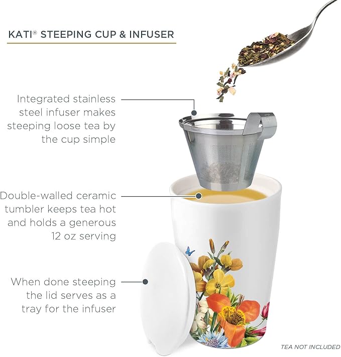Tea Forte Double-Walled Ceramic Kati Cup, Removable Stainless Steel Infuser Basket and Lid, Steeps 12 oz Loose Leaf Tea, Dishwasher & Microwave Safe