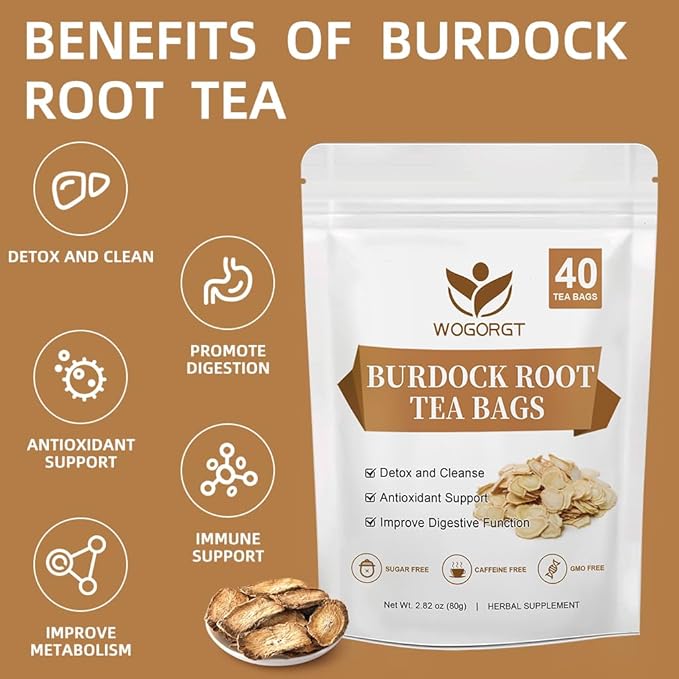 Burdock Root Tea - Natural Burdock Root Herbal Tea Bags for Antioxidant, Digestion and Immune Support, Caffeine Free - 40 Tea Bags