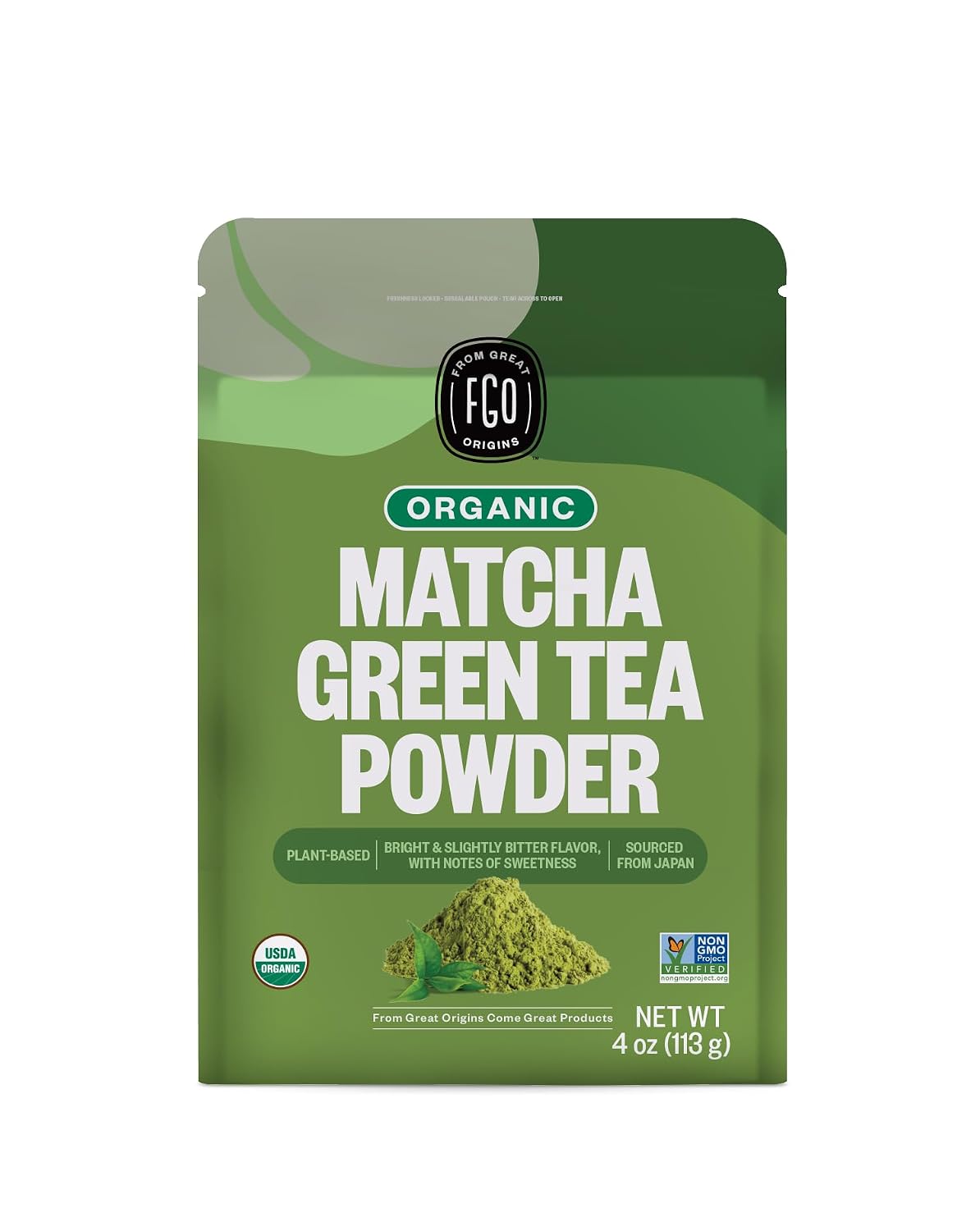 FGO Organic Matcha Green Tea Powder - Organic Matcha for Lattes, Smoothies &amp; Baking - USDA Organic &amp; Non-GMO - 4 oz Resealable Bag