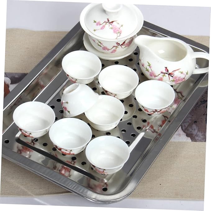 Stainless Steel Tea Tray Japanese Style Hollow Serving Plate for Tea Snacks Appetizers Removable Easy to Clean for Home Office Teahouse Restaurant