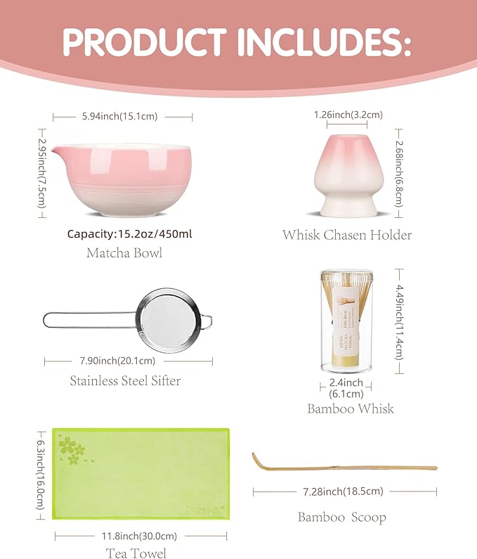 ZENS Pink Matcha Set, 6pcs Matcha Kit Includes Ceramic Bowl, Handcrafted Bamboo Whisk and Chasen Holder, Scoop, 304 Sifter & Tea Mat, Matcha Whisk Set Gift for Matcha Lovers