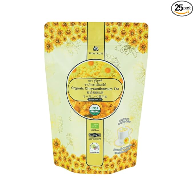 Suwirun Organic Chrysanthemum Tea 25 Bags – 100% Chrysanthemum Flowers – Naturally Caffeine-Free, Sweet Floral Aroma – Supports Relaxation & Wellness