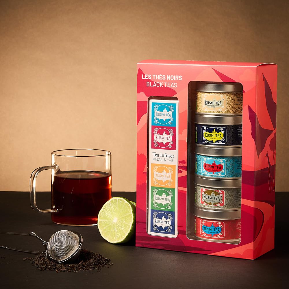 Kusmi Tea - Organic Black Tea Variety Box + Tea Infuser - Gift Idea for Men and Women - Flavoured Black Tea, Earl Grey, Ceylon - A Selection of 5 Iconic Flavors - Loose Leaf Tea - 5 Tins of 0,9 oz
