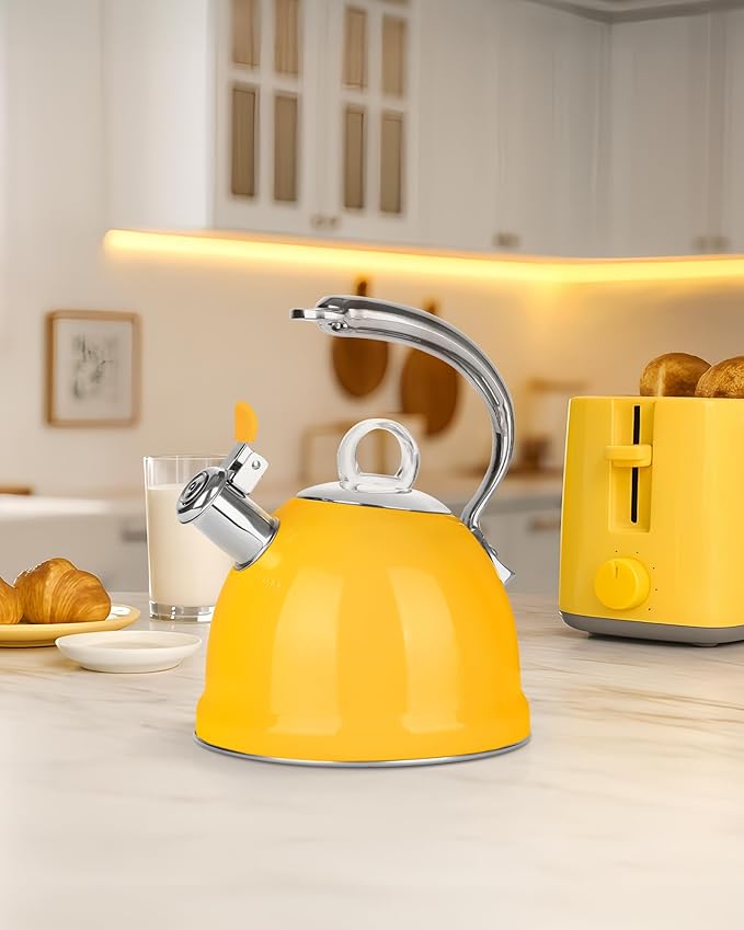 Harriet Tea Kettle Stovetop, 2.5 QT Whistling Stainless Steel Teapot, 3-Layer Base, Unique Ergonomic Handle, Includes Pot Holder & Mat