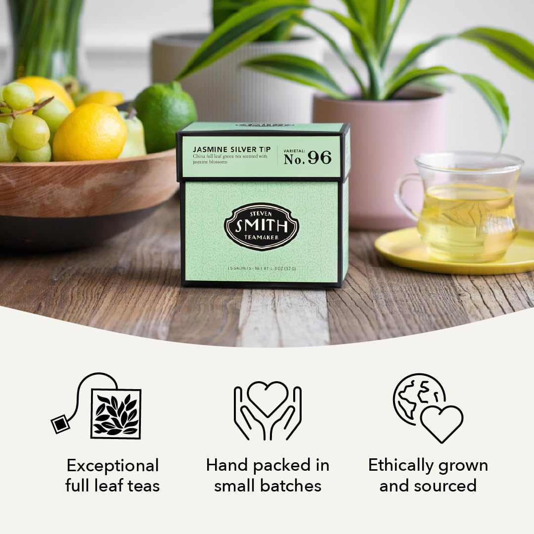 Steven Smith Teamaker, Jasmine Silver Tip, Green Tea, 15 Sachets 1.3oz each | Full Leaf Green Tea, Caffeinated, Sugar Free, Sustainably Grown, Plant Based Sachets, Microplastic-Free
