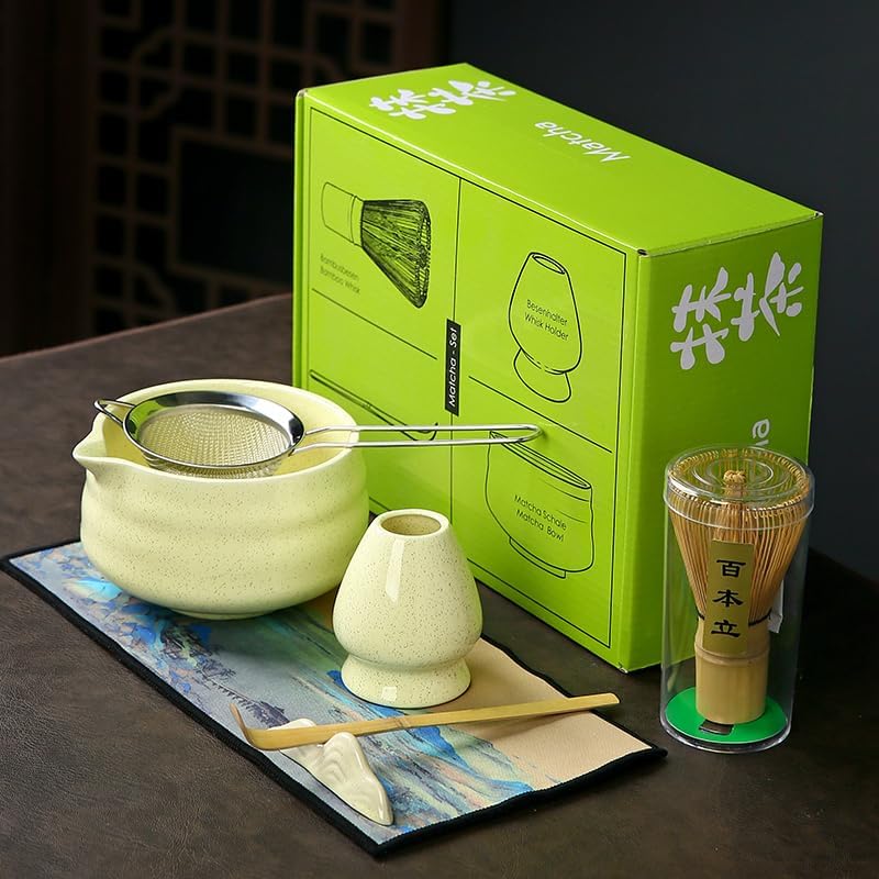 7 matcha whisk set 1 Matcha Whisk ，Matcha Bowl with Pouring Spout Scoop Matcha Whisk Holder Tea Making Kit. 1 matcha whisk set (7pcs), 15.2 Ounce (Yellow)