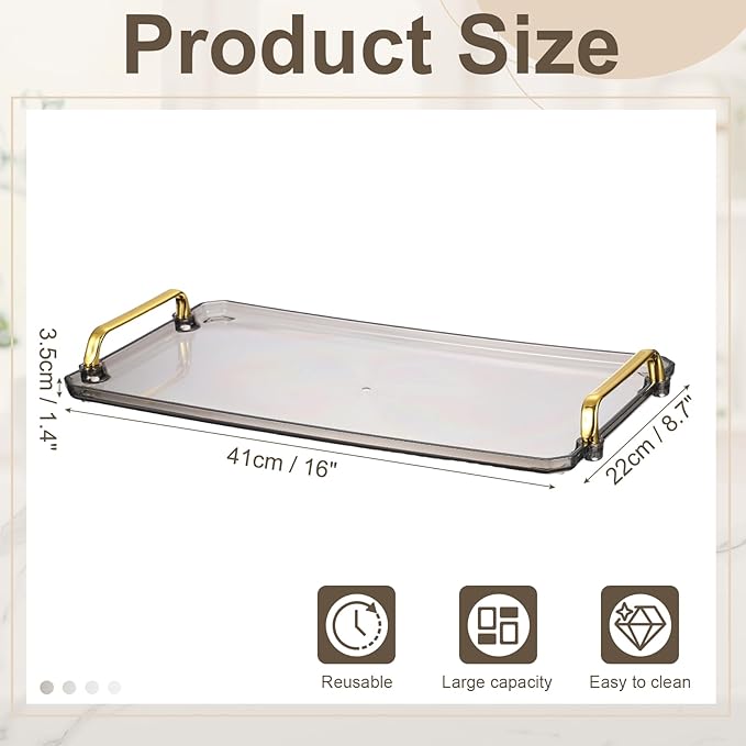 uxcell Plastic Serving Tray with Golden Handle, 16 x 8.7 Modern Rectangular Decorative Tray Acrylic Reusable Tea Platter for Countertop Bathroom