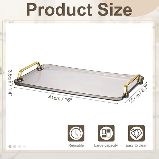 uxcell Plastic Serving Tray with Golden Handle, 16 x 8.7 Modern Rectangular Decorative Tray Acrylic Reusable Tea Platter for Countertop Bathroom