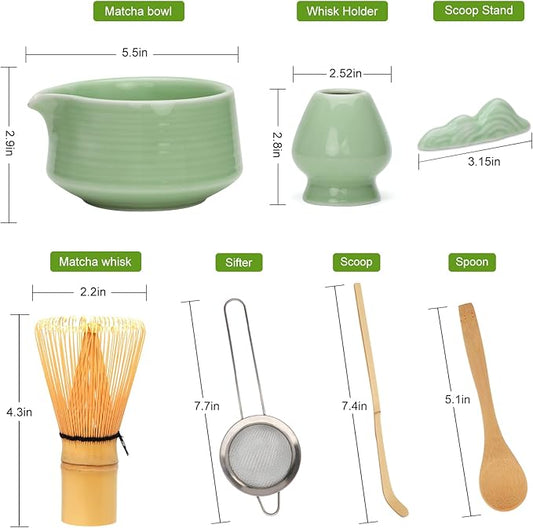 Matcha Whisk Set,7pcs Green Matcha Set includes Matcha Bowl (19 oz),Bamboo Matcha Whisk and Matcha Scoop,Matcha Whisk Holder,Stainless Steel Sifter