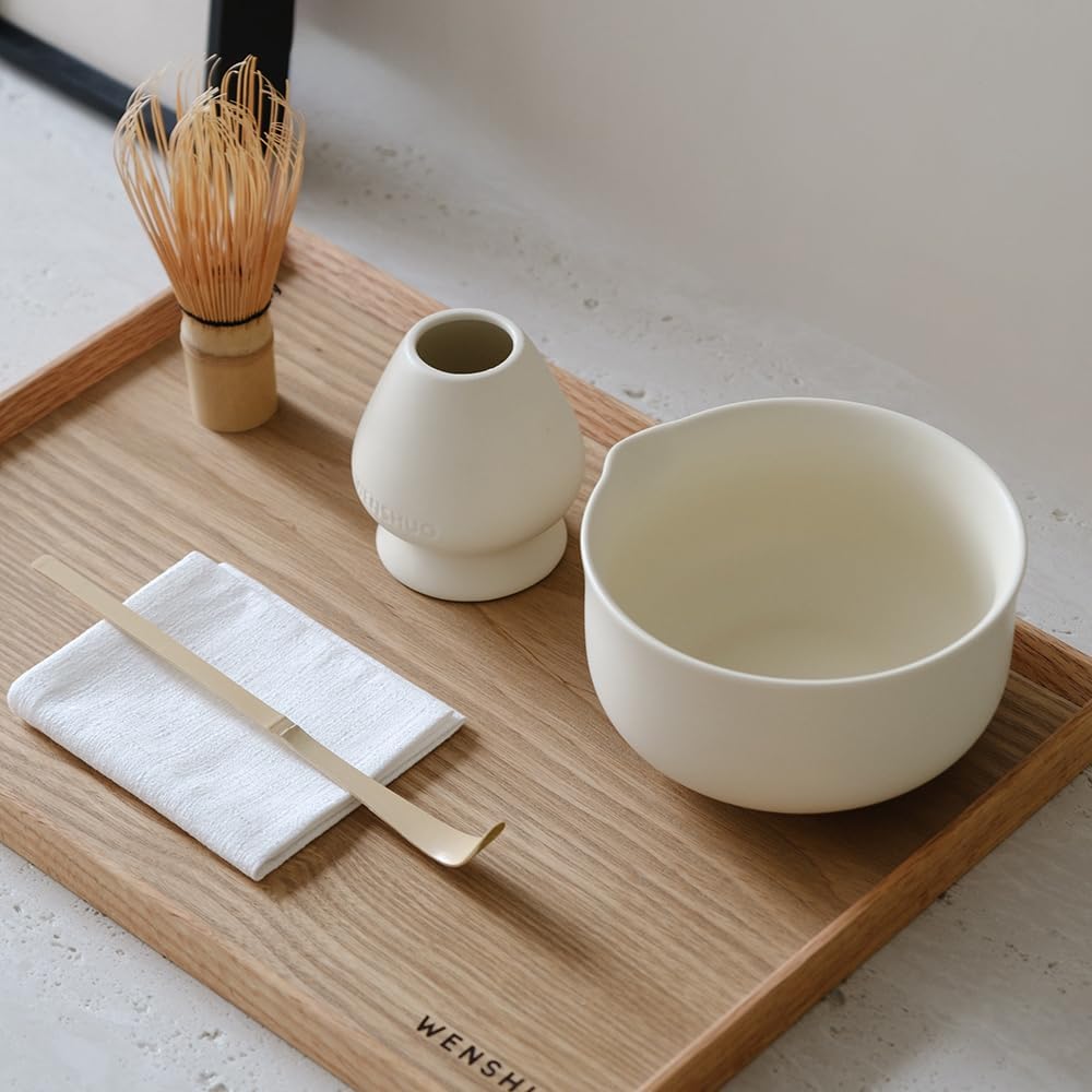 WENSHUO Matcha Whisk Set, Ceramic Matcha Bowl with Spout, Crème,5-Pc | Matcha kit includes 14 oz bowl, 100-prong bamboo whisk, holder, and scoop.Low walls and wide bowl make whisking easy