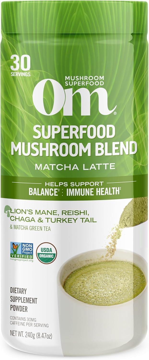 OM Mushroom Superfood Matcha Latte Blend – Green Tea with Lion's Mane, Reishi, Chaga & Turkey Tail, 8.47 oz Canister, 30 Servings