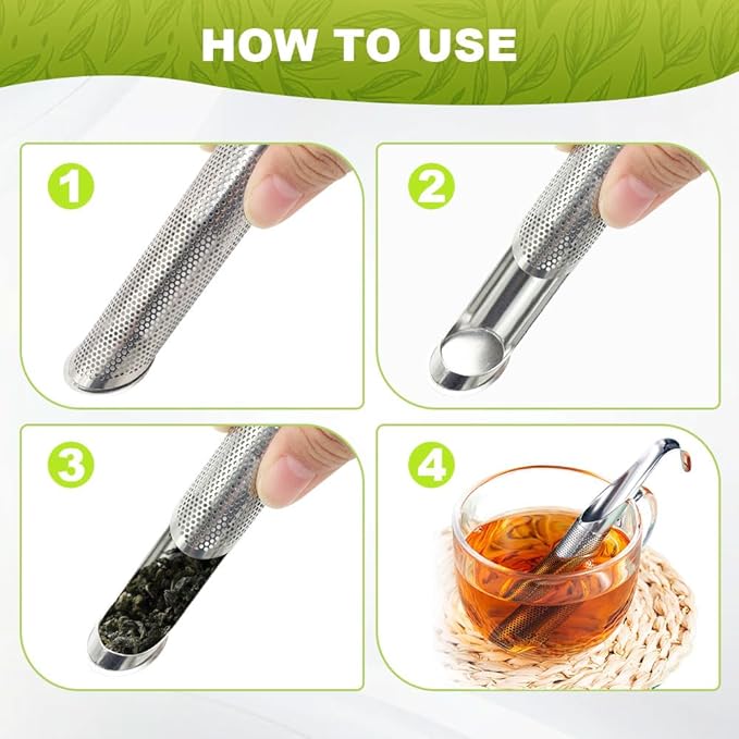 Stainless Steel Tea Diffuser,Upgrade Tea Pipe Stainless Steel Tea Infuser with Hanging Hook Handle,Fine Holes Tea Strainers Interval Diffuser for Loose Tea Coffee Seasonings Spices (4 PCS)