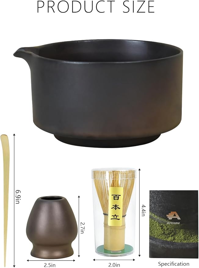 Artcome Matcha Bowl Set with Spout – Handmade Ceramic Chawan, Bamboo Whisk, Whisk Holder, Tea Scoop, and Matcha Manual