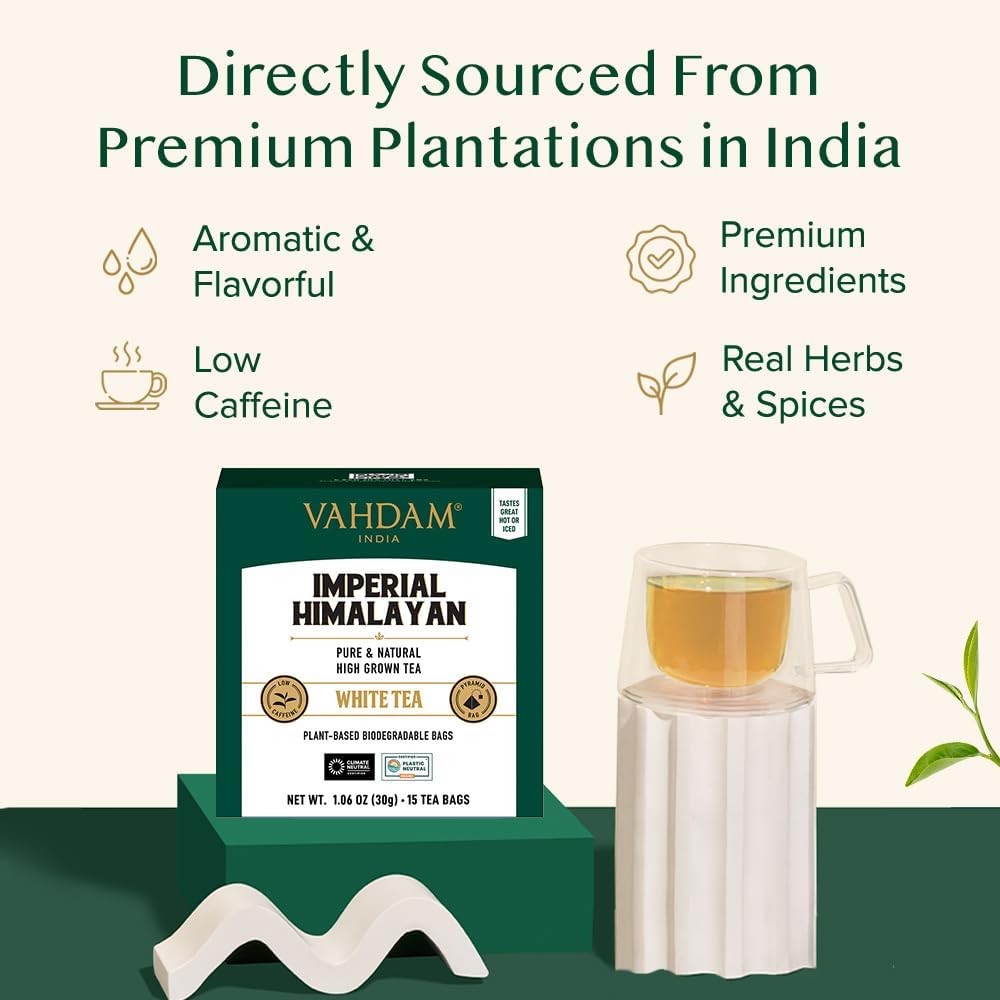 VAHDAM, Imperial Himalayan White Tea Bags (15 Count) Low Caffeine, Non GMO, Gluten Free | Handpicked Harvest From High Elevation Estates | Individually Wrapped Pyramid Tea Bags | Direct from Source