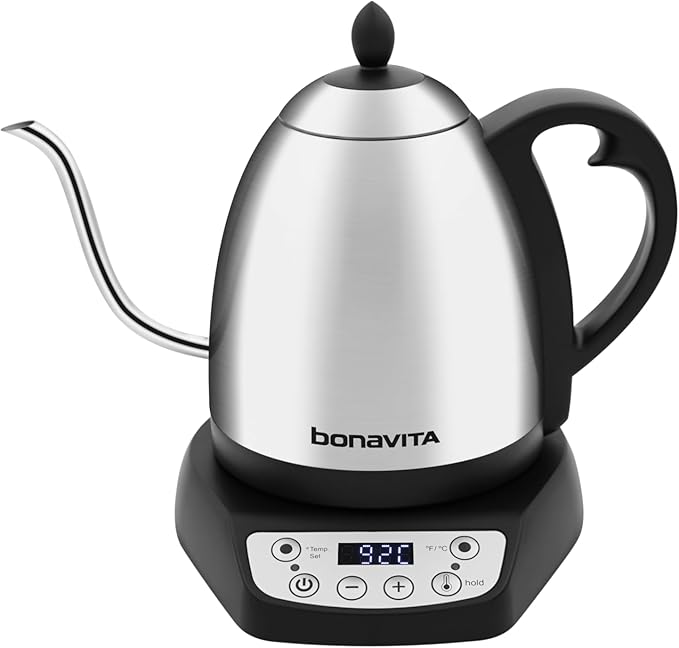 Bonavita 1L Digital Variable Temperature Gooseneck Electric Kettle for Coffee Brew and Tea Precise Pour Control, 6 Preset Temps, Café or Home Use