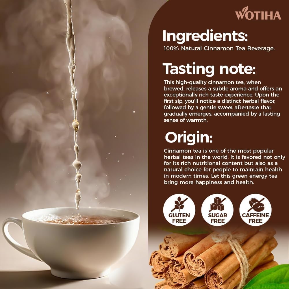 WOTIHA Premium Ceylon Cinnamon Tea Bags (75 Count) - 100% Pure Cinnamon Sticks for Blood Sugar Support &amp; Relaxation - Caffeine-Free, Sugar-Free, Vegan, No Additives