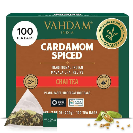 VAHDAM Cardamom Chai Tea Bags (100 Count) Masala Chai in Pyramid Tea Bags