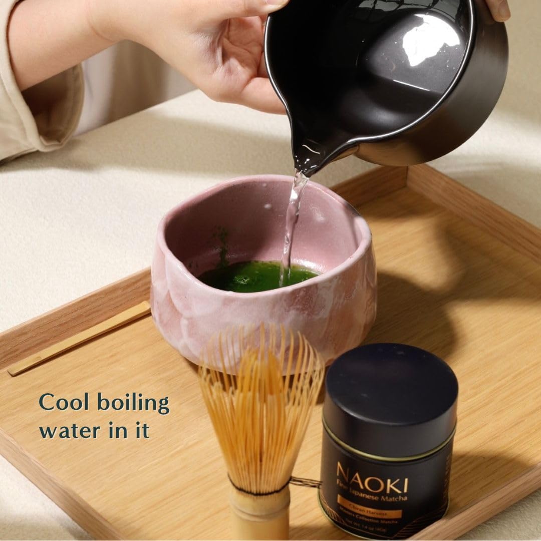 Naoki Matcha Traditional Ceramic Chawan Matcha Tea Bowl with Pour Spout Set | Hand Made, Black Matte Glaze, 18 Ounce, For Perfectly Whisked Matcha Green Tea