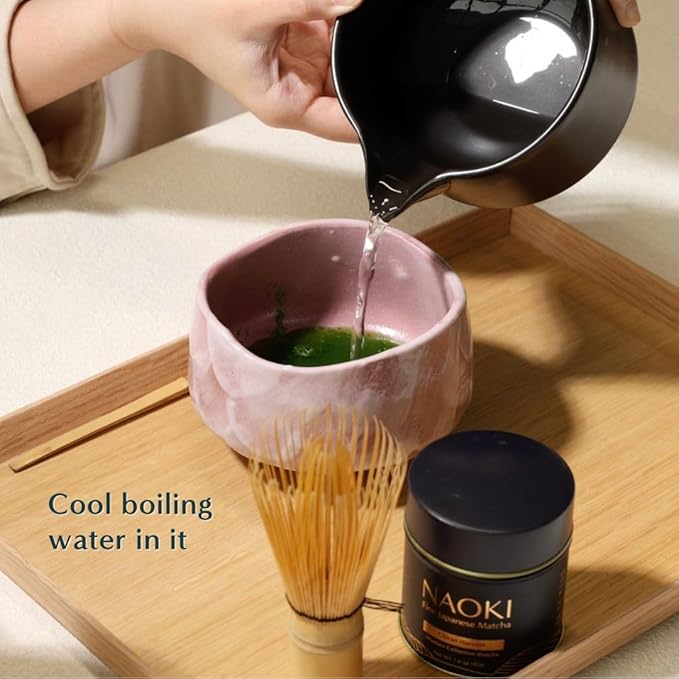 Naoki Matcha Traditional Ceramic Chawan Matcha Tea Bowl with Pour Spout Set - Hand Made Ceramic with Black Matte Glaze