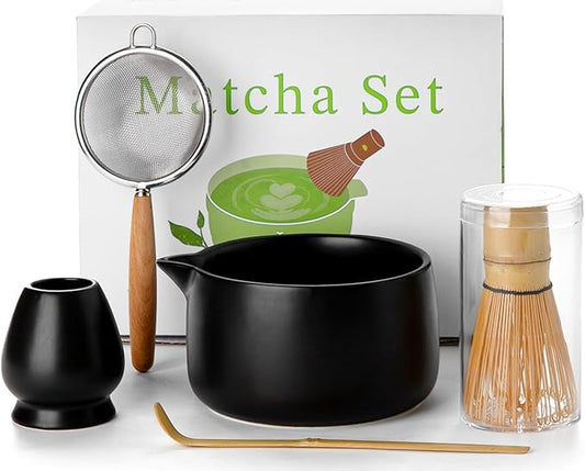 20OZ Matcha Whisk Set - 5PCS Matcha Set Includes Macha Bowl with Spout, Bamboo Whisk with Ceramic Holder, Bamboo Scoop and Sifter