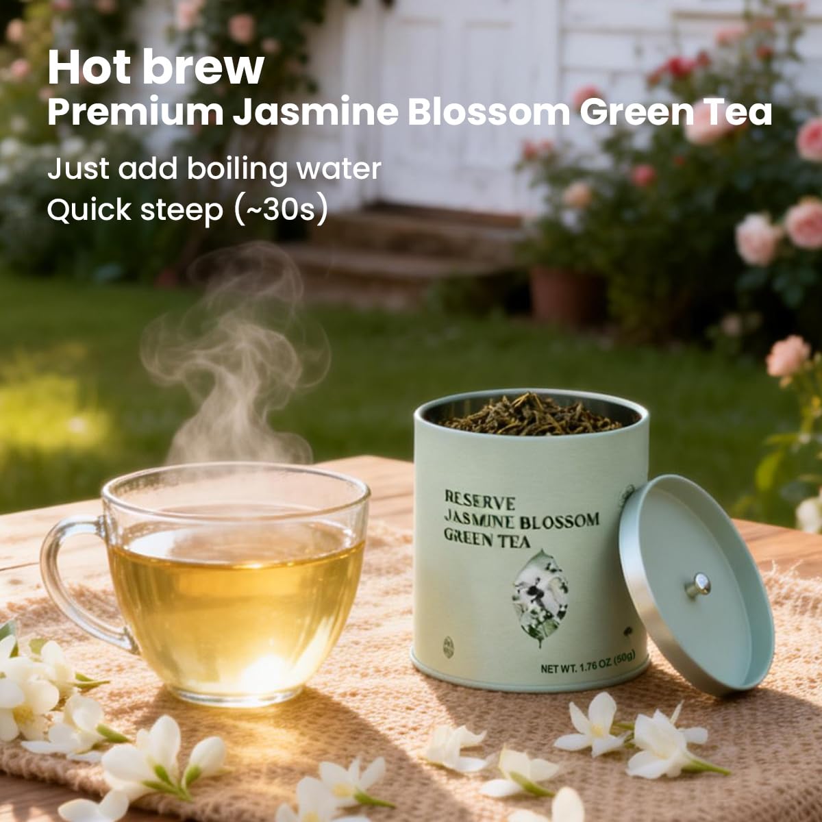Chayan Jasmine Blossom Green Tea Loose Leaf, Premium Loose Leaf Jasmine Green Tea, Scented with Jasmine Blossoms, Pleasant Aroma and Tonic Effect, Hot or Iced Brew, 1.76oz (50g) Tin