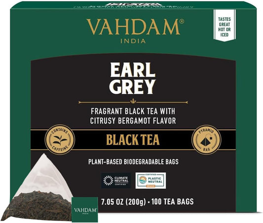 VAHDAM, Earl Grey Black Tea Bags (100 Count) Medium Caffeine, Non GMO, Gluten Free, Citrus Bergamot & Smooth, Resealable Ziplock Pouch