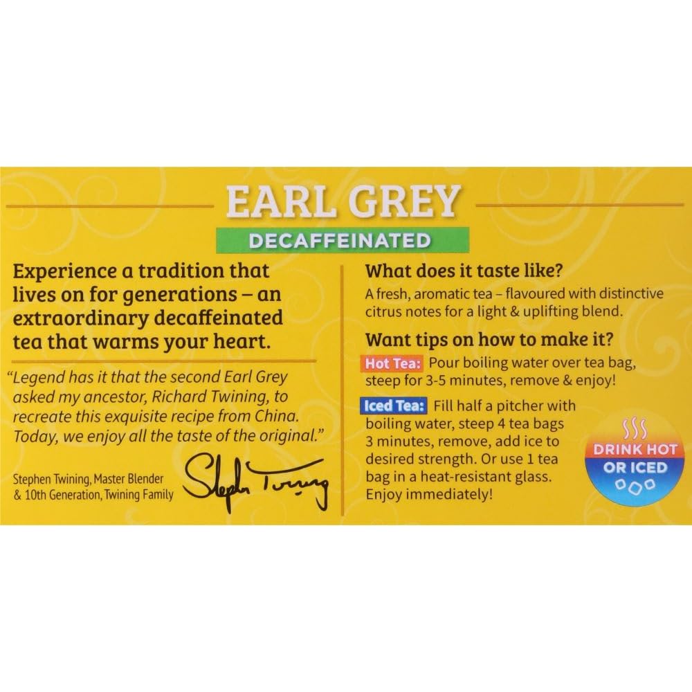 Twinings Decaffeinated Earl Grey Black Bergamot Tea Bags 20 CT Box (1 Pack) | Classic Black Tea, Light &amp; Citrusy, Without Caffeine, 20 Foil Lined Individually Wrapped Bags, Enjoy Hot or Iced