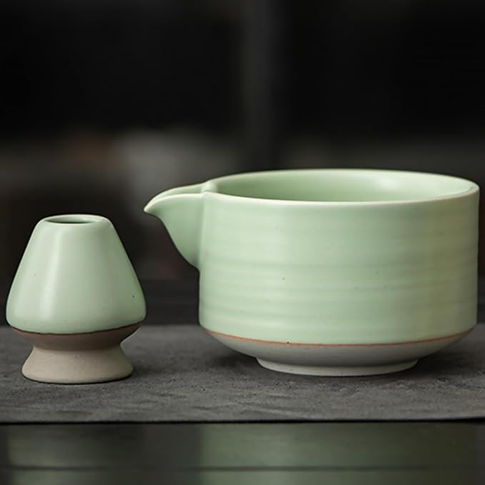Handmade Ceramic Matcha Bowl Set with Spout & Whisk Holder - Traditional Chasen Tea Whisk Ritual Kit, Gift-Ready Chawan for Matcha Lovers (Green)