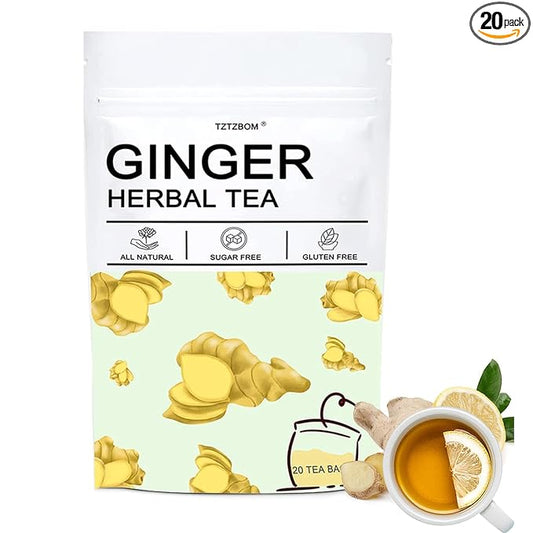 Tztzbom Ginger Tea Bags - 100% Pure Ginger Root & Lemon Peel & Liquorice Root - Soothing & Spicy Blend Natural Herbal Tea (20 Tea Bags)
