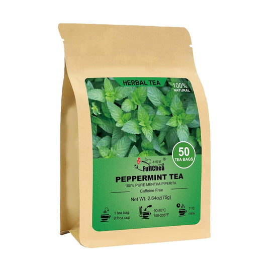 FullChea Peppermint Tea Bags, 50 Counts, Te De Menta, Non-GMO | Pure Menta Piperita, Refreshing &amp; Minty, Caffeine-Free, Freshen Breath &amp; Aid Digestion, No Additives, Resealable Pouch