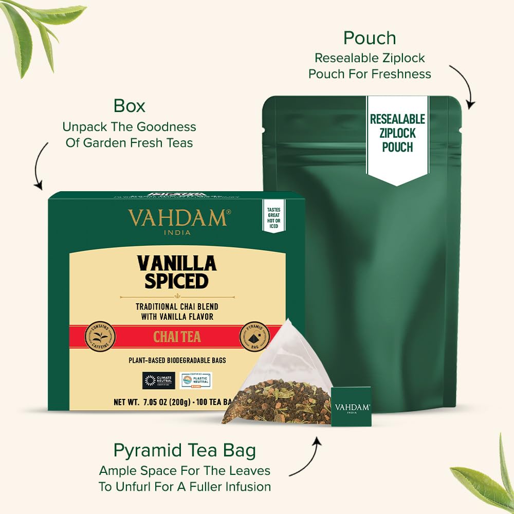 VAHDAM Vanilla Chai Teabags (100 Count) Vanilla Tea Blend Pyramid Tea Bags