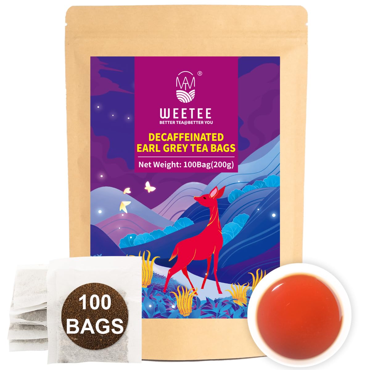 WT Weetee Decaf Earl Grey Tea Bags, 100 Count CO2-Decaffeinated Black Tea Flavored with Bergamot Orange, Smooth & Refreshing, Drink All Day