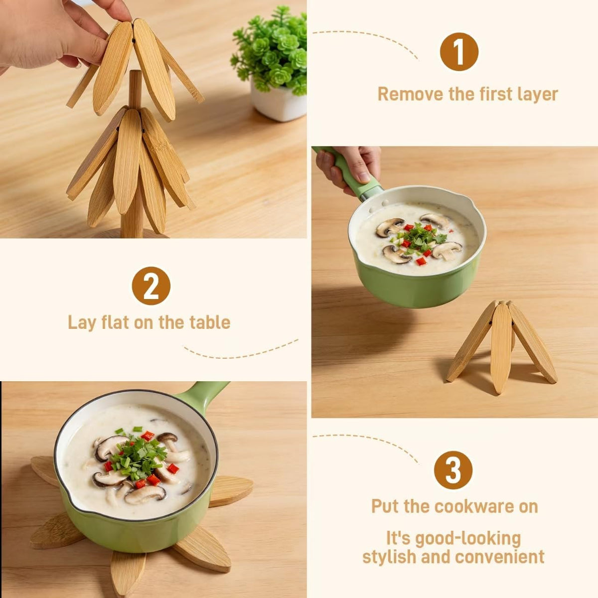 DecBeLiv Foldable Tree Trivet Wooden Hot Plate Holder, Bamboo Trivet for Hot Dishes, Heat-Resistant Pot Holder Tree for BBQ, Picnic, Outdoor Dining &amp; Kitchen Decor