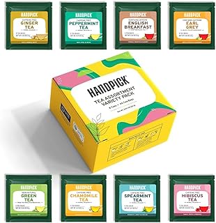 HANDPICK, Tea Bags Sampler Assortment Variety pack Gift Box 8 Flavors, 40 Tea Bags - Perfect Variety | English Breakfast, Green, Black, Herbal & More | Gifts for Him/Her | Sampler, Assortment, Variety pack, Gift Box