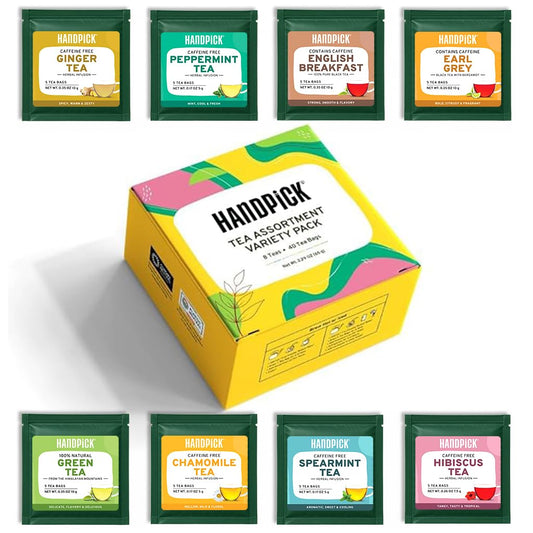Handpick, Tea Bags Sampler Assortment Variety pack Gift Box 8 Flavors, 40 Tea Bags - Perfect Variety, English Breakfast, Green, Black, Herbal & More