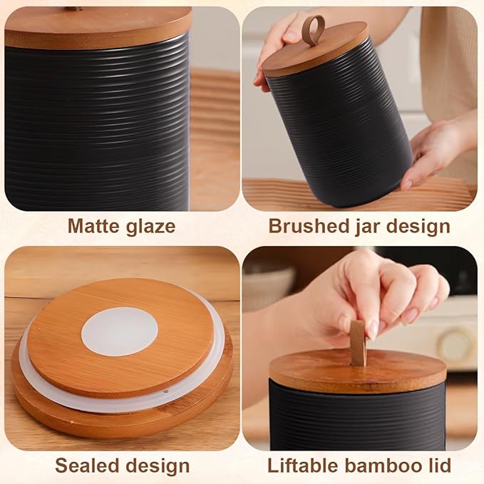 Comeon Ceramics Canister with Lid, Matcha Container Jar for Spice Sugar Tea Bag Coffee Canister Sets for Kitchen Counter with Bamboo Lid (Black)