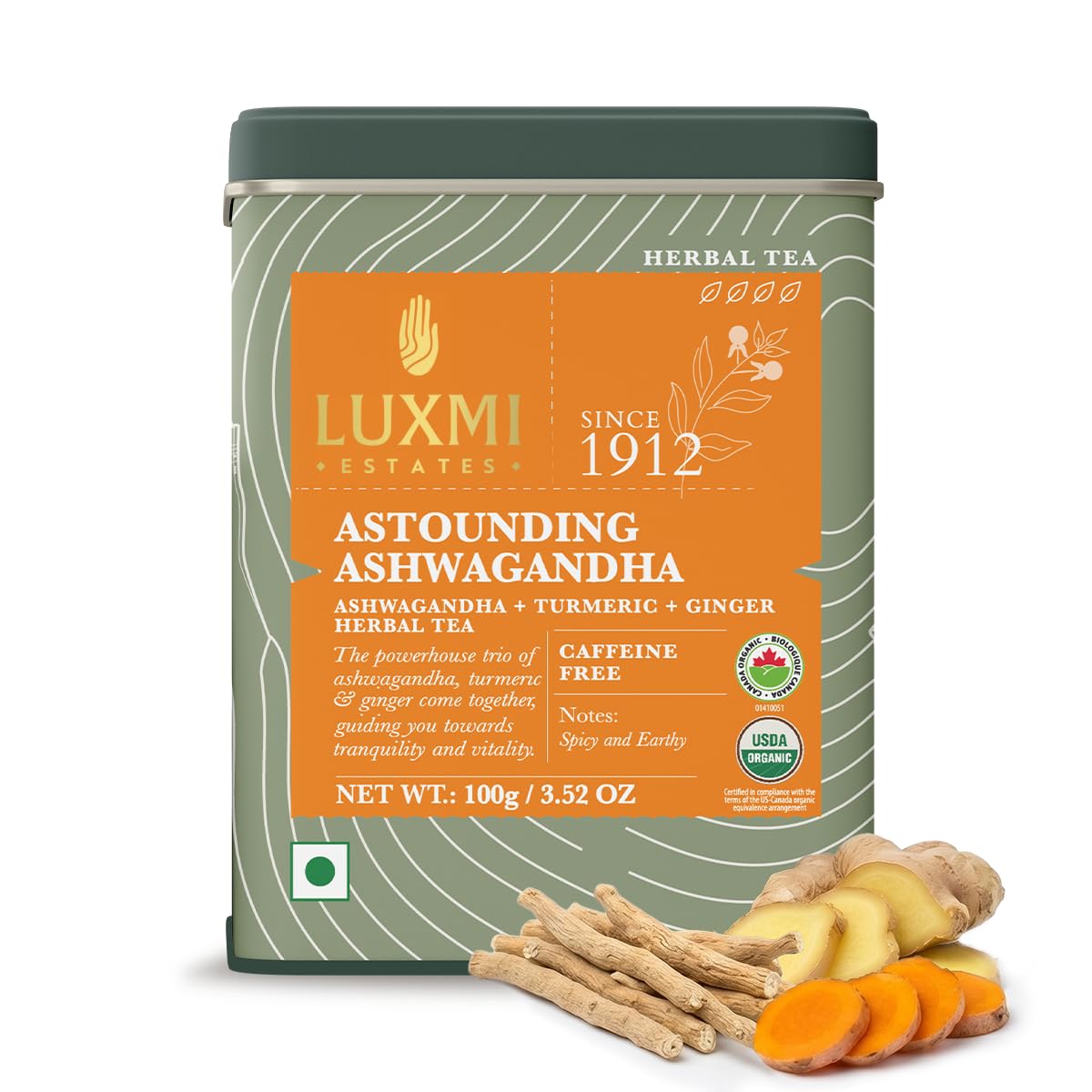 Luxmi Estates Ashwagandha Turmeric Tea | Organic Loose Leaf, 100g/3.5oz, (50 Cups) | Herbal Blend with Ashwagandha, Turmeric, Ginger, Lemongrass | Caffeine-Free