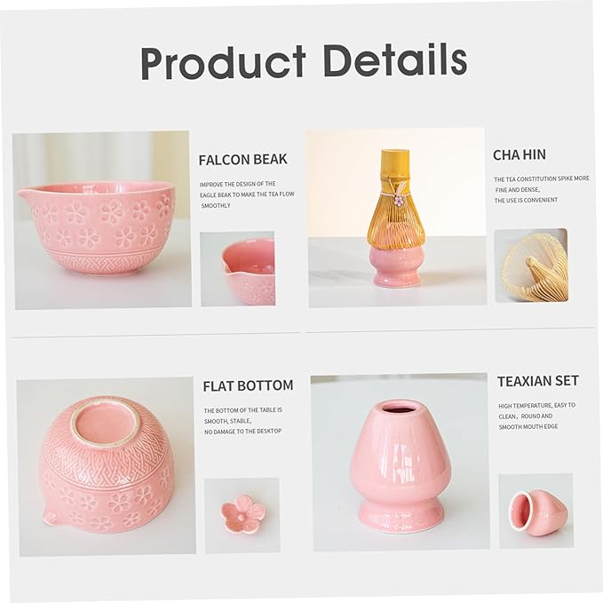 8Pcs Matcha Whisk Set, Ceramic Matcha Bowl with Spout, Bamboo Whisk and Holder, Scoop, Scoop Rest, Sifter & Tea Towel with Cherry Blossom Carved Pattern Kit