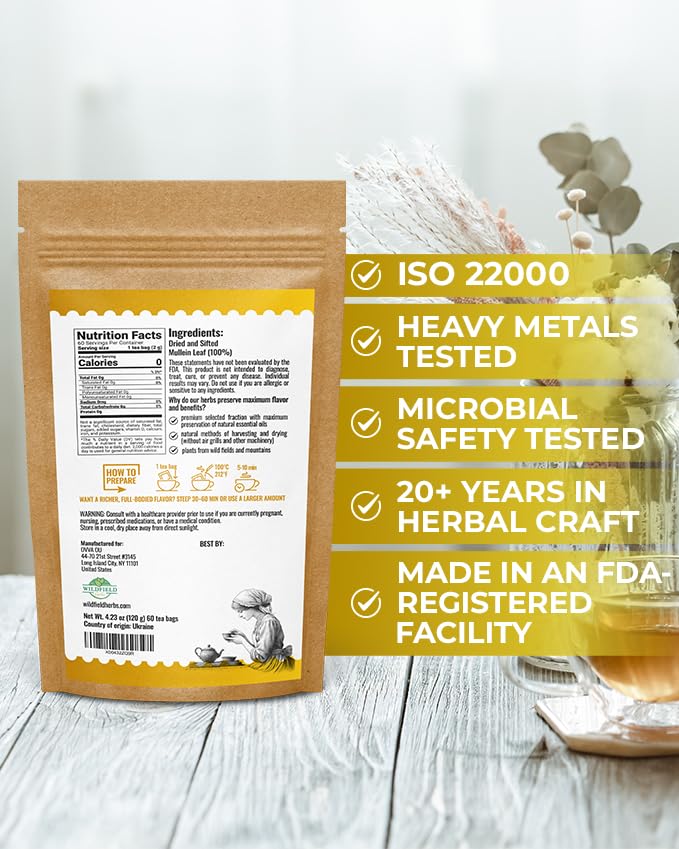 60 Bags Mullein Leaf Tea (Verbáscum L.) - 60 Count 2g Bags Mullen Leaves Mullein Loose Leaf Mulungu Hoja De Gordolobo