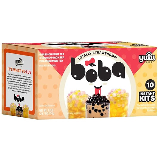 Boba Bundle Kit 10 Serv. Instant Bubble Pearl Variety Milk Tea Kit with Authentic Brown Sugar Tapioca Pearls by Yulu Foods - Ready in Under 1 Minute, Includes Paper Straws - Gift Box, Holiday (Classic, Mango Peach, Passionfruit)