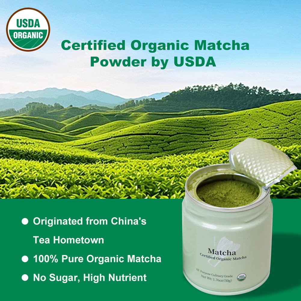 MatchAdmire Matcha Powder Premium First Harvest USDA Certified Organic Green Tea Matcha latte, Rich Flavor, 100% Vegan with No Fillers, Radiation-Free (50g Culinary Grade Matcha)