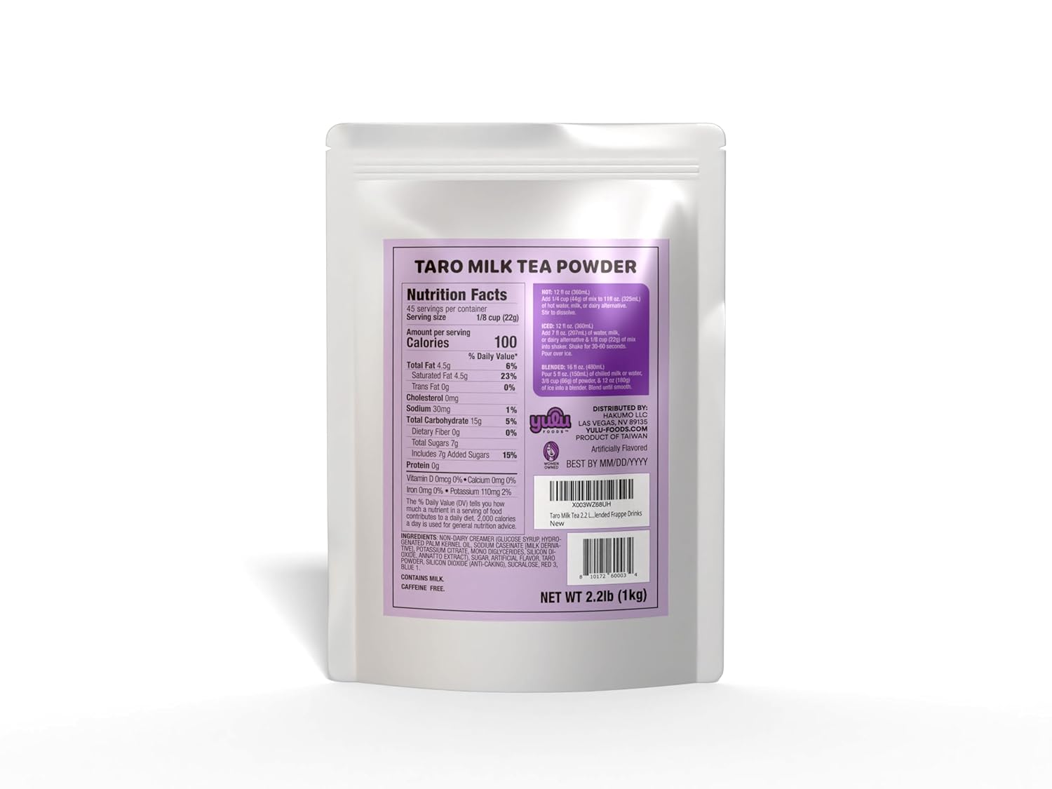 YULU FOODS Taro Milk Tea 2.2 Lb (1 Count), Powdered Instant Milk Tea Drink Mix, Serve Hot or Cold, Makes Blended Frappe Drinks